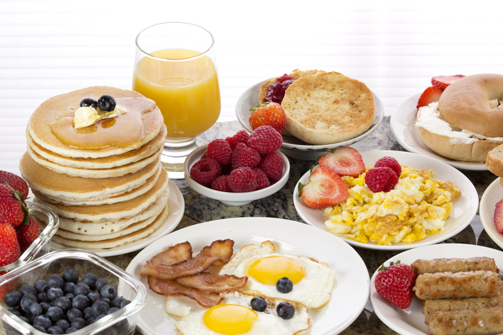Breakfast food and juice.